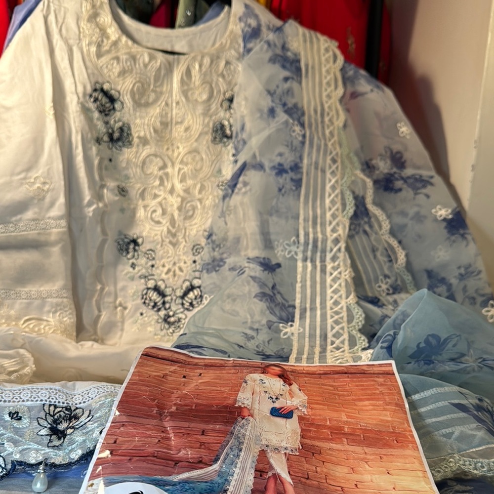 Elegant White and Blue Embroidered Dress 3pcs